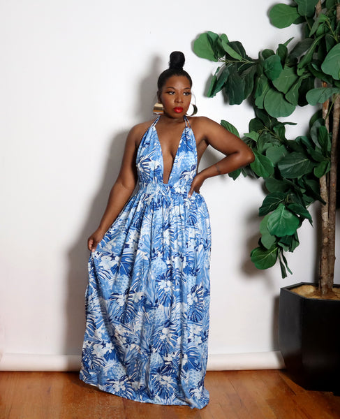blue tropical maxi dress Blue Tropical Print Maxi Dress - Vacation Ready