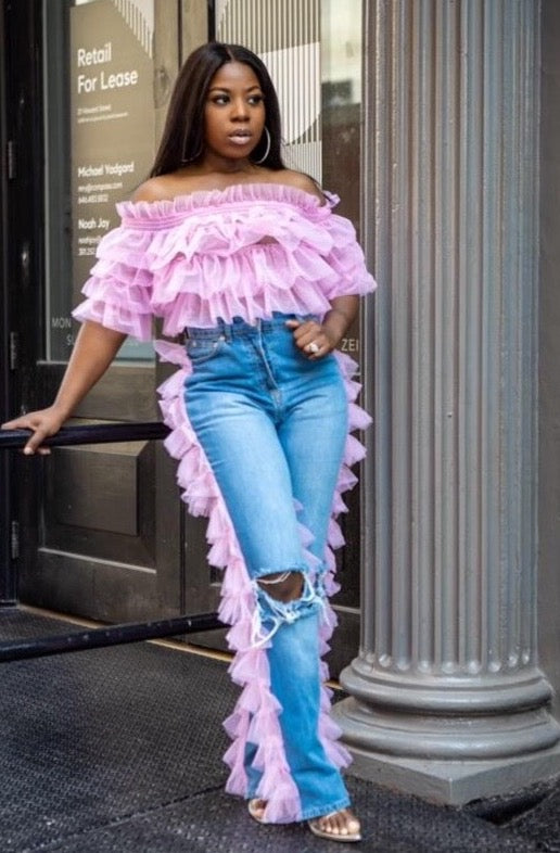 Ruffle Me Back | Pink Tulle Denim| PRE ORDER ESTIMATED SHIP DATE 4/15-5/1/25 (Copy)