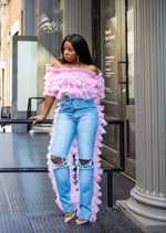 Load image into Gallery viewer, Ruffle Me Back | Pink Tulle Denim| PRE ORDER ESTIMATED SHIP DATE 4/15-5/1/25 (Copy)
