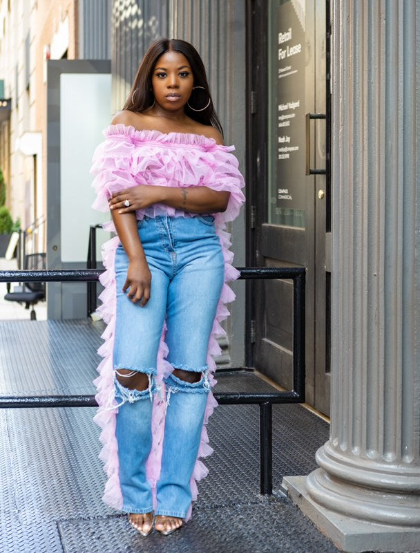 Ruffle Me Back | Pink Tulle Denim| PRE ORDER ESTIMATED SHIP DATE 4/15-5/1/25 (Copy)